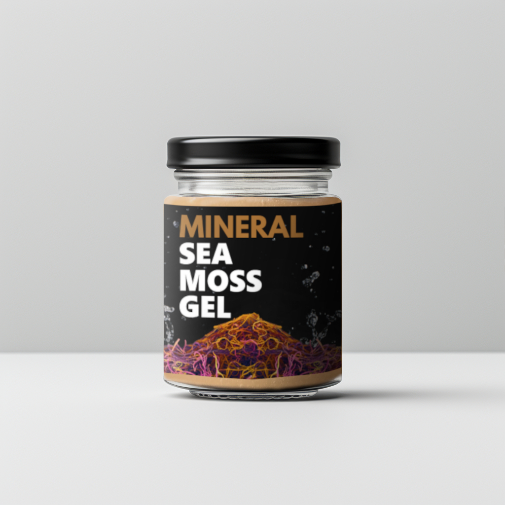 Jar labeled 'Mineral Sea Moss Gel' with sea moss image on black background.