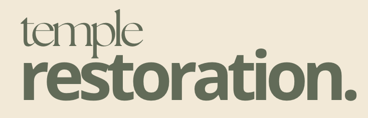 Text saying 'temple restoration.' in green letters on a beige background.