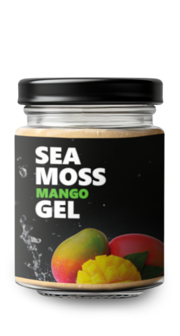 Jar of sea moss mango gel with mango images on label.
