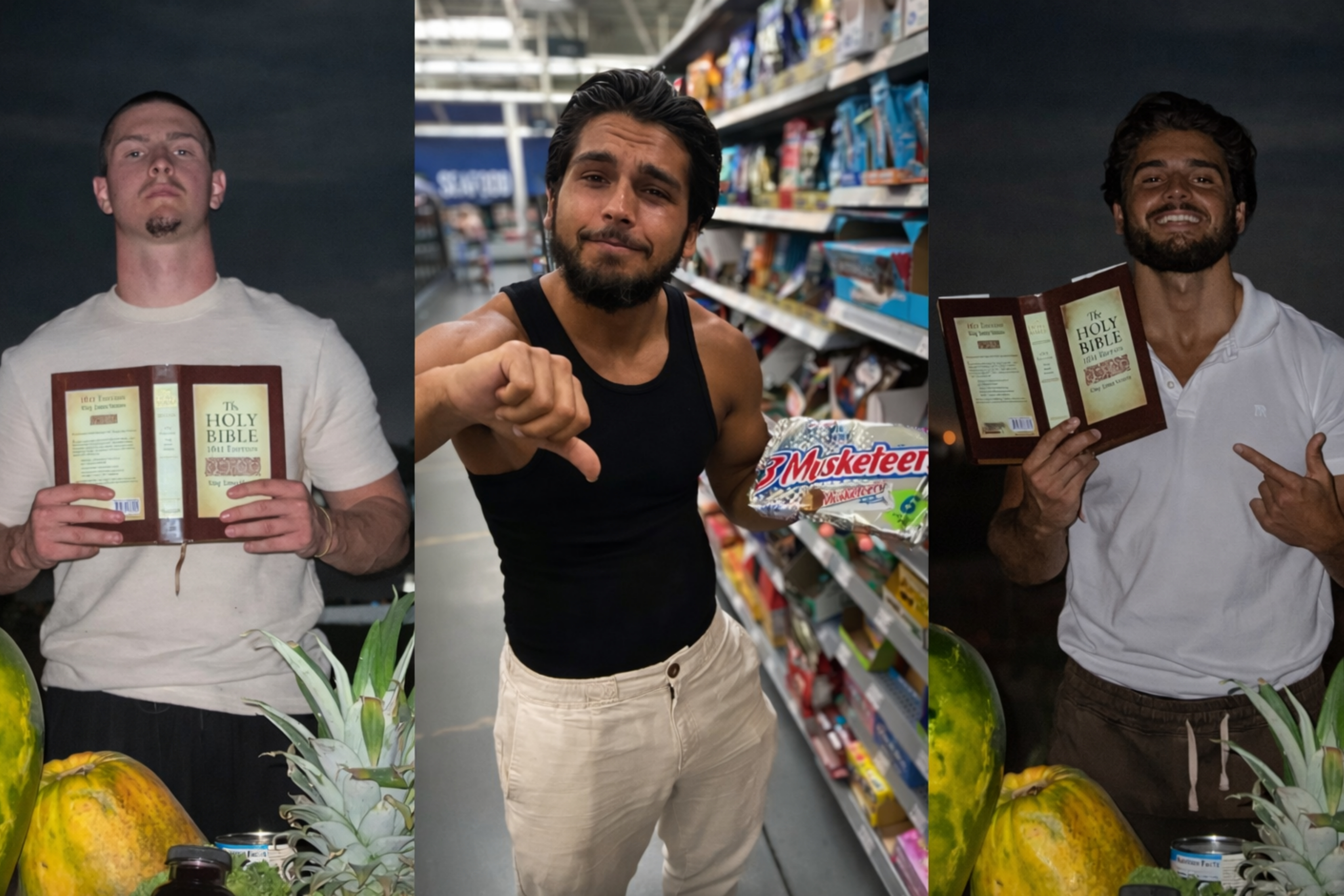 A collage of three men: two holding Bibles with fruit, and one in a store holding candy with a thumbs-down.