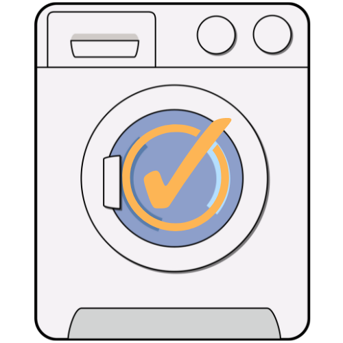 Illustration of a washing machine with an orange checkmark on the door.
