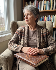 A woman sits in an armchair by a window, with a book in her lap, looking outside.