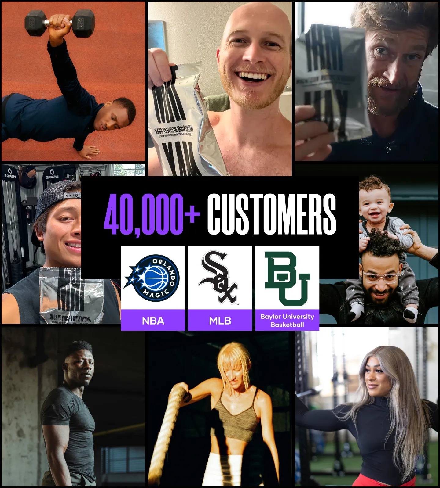 A collage of diverse customers and athletes with text reading '40,000+ Customers' and sports team logos.