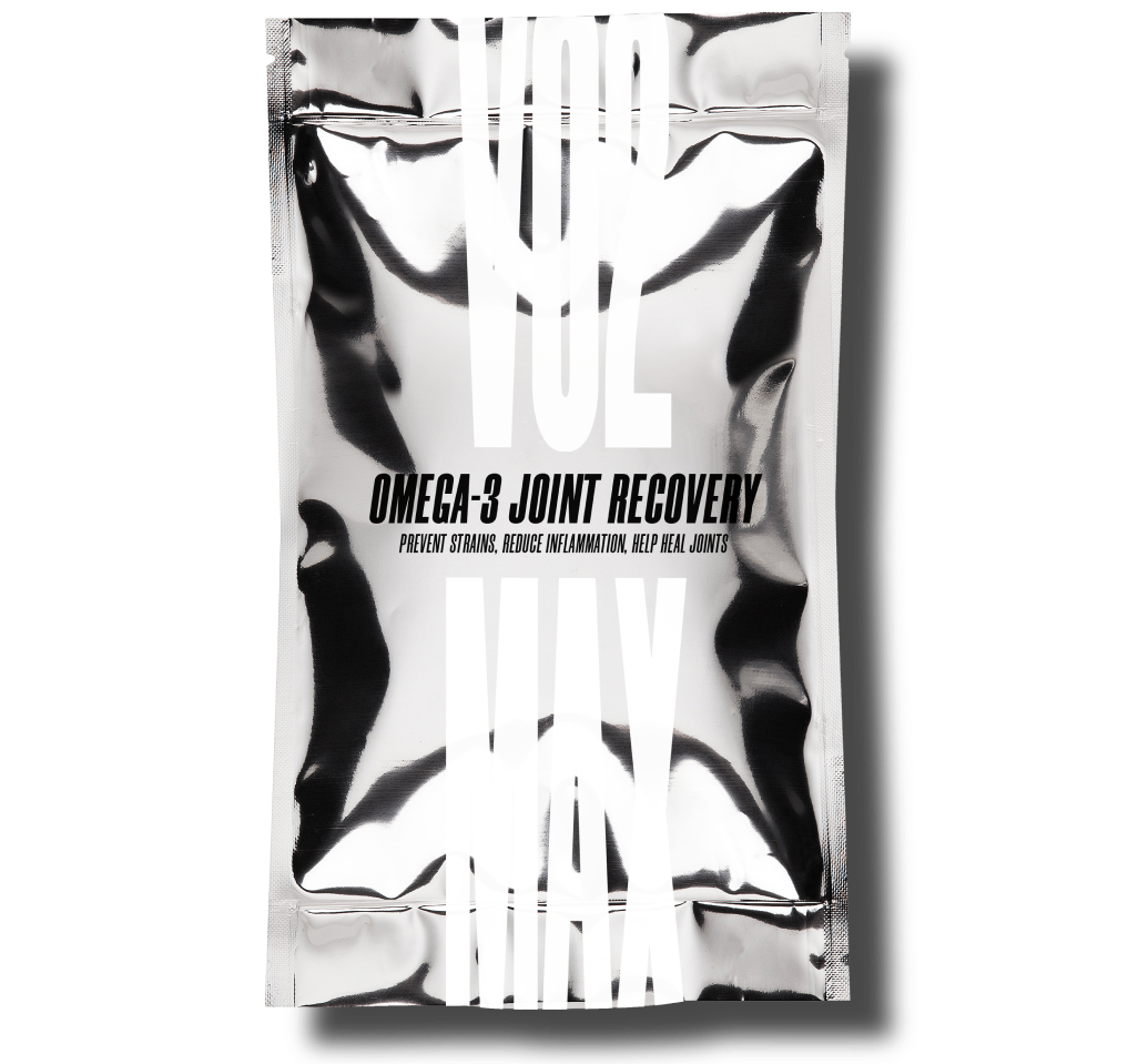 Silver packet labeled 'Omega-3 Joint Recovery' with text about joint health benefits.