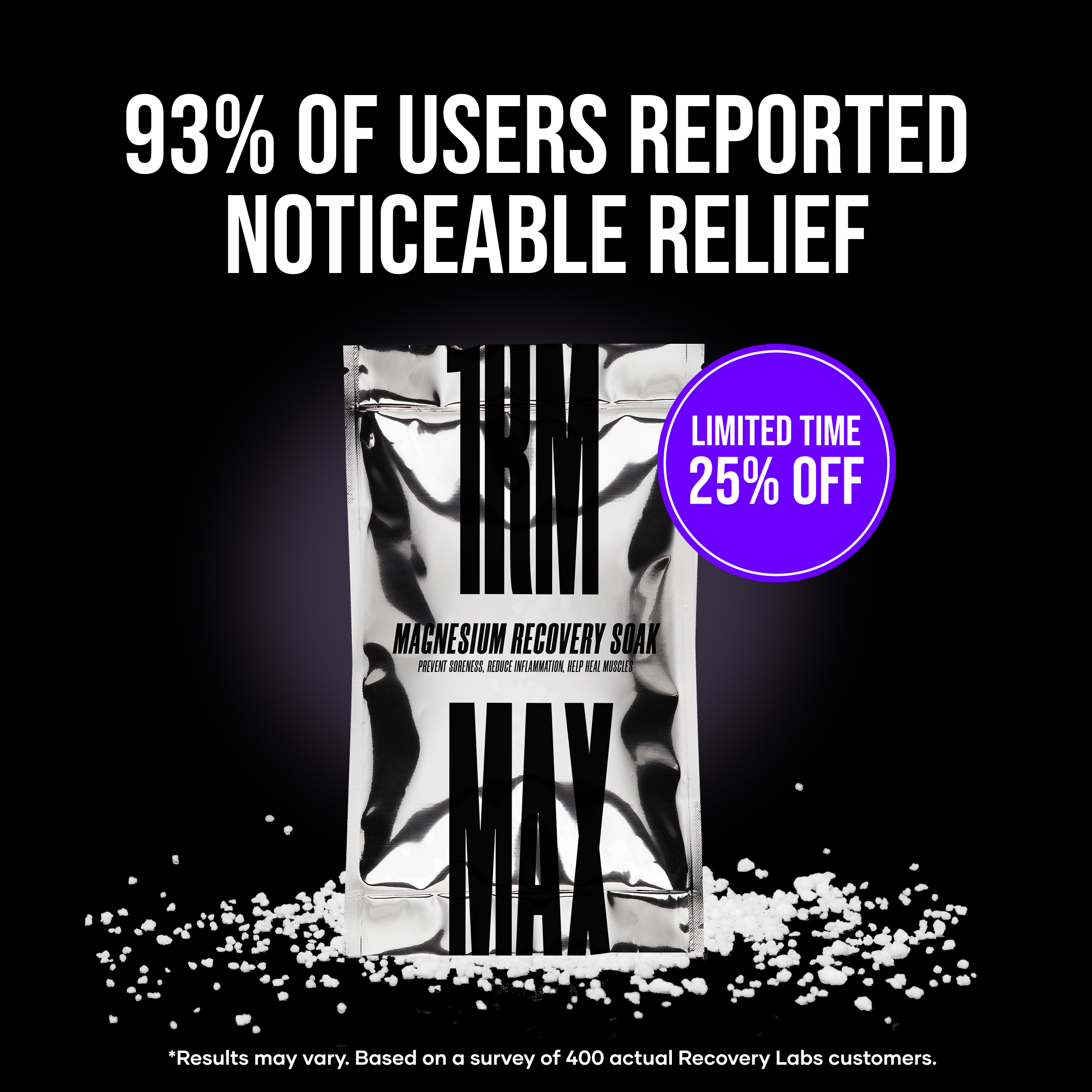 Silver magnesium recovery soak packet with promotional text and discount offer.