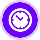 White clock icon in a purple circle.