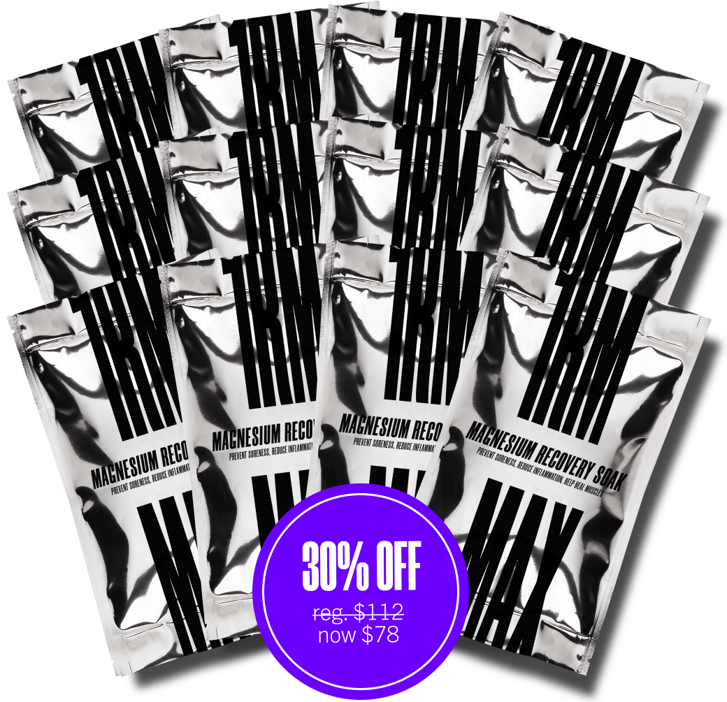 Multiple silver magnesium recovery soak packets with 30% off discount label.