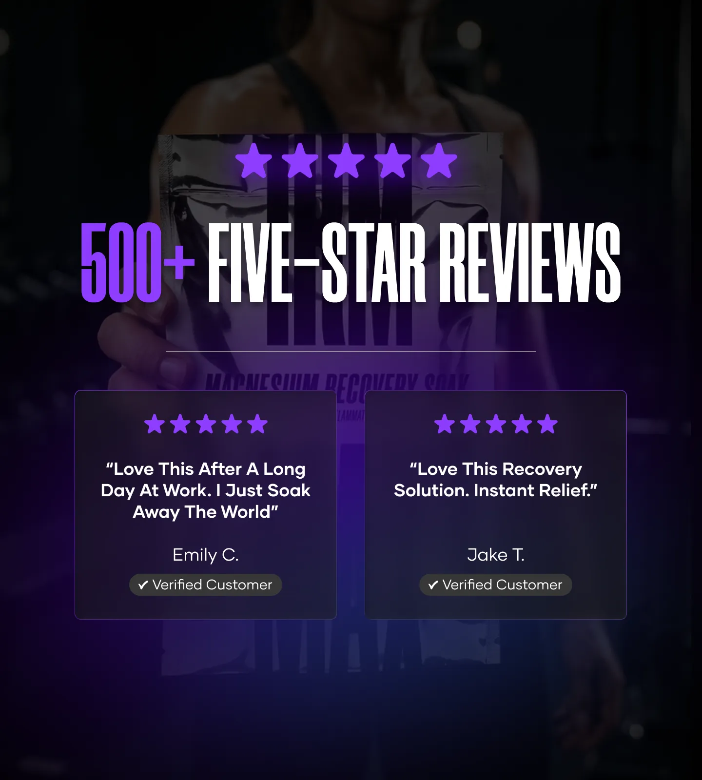 An image advertising 500+ five-star reviews with two glowing customer testimonials for a magnesium recovery soak.