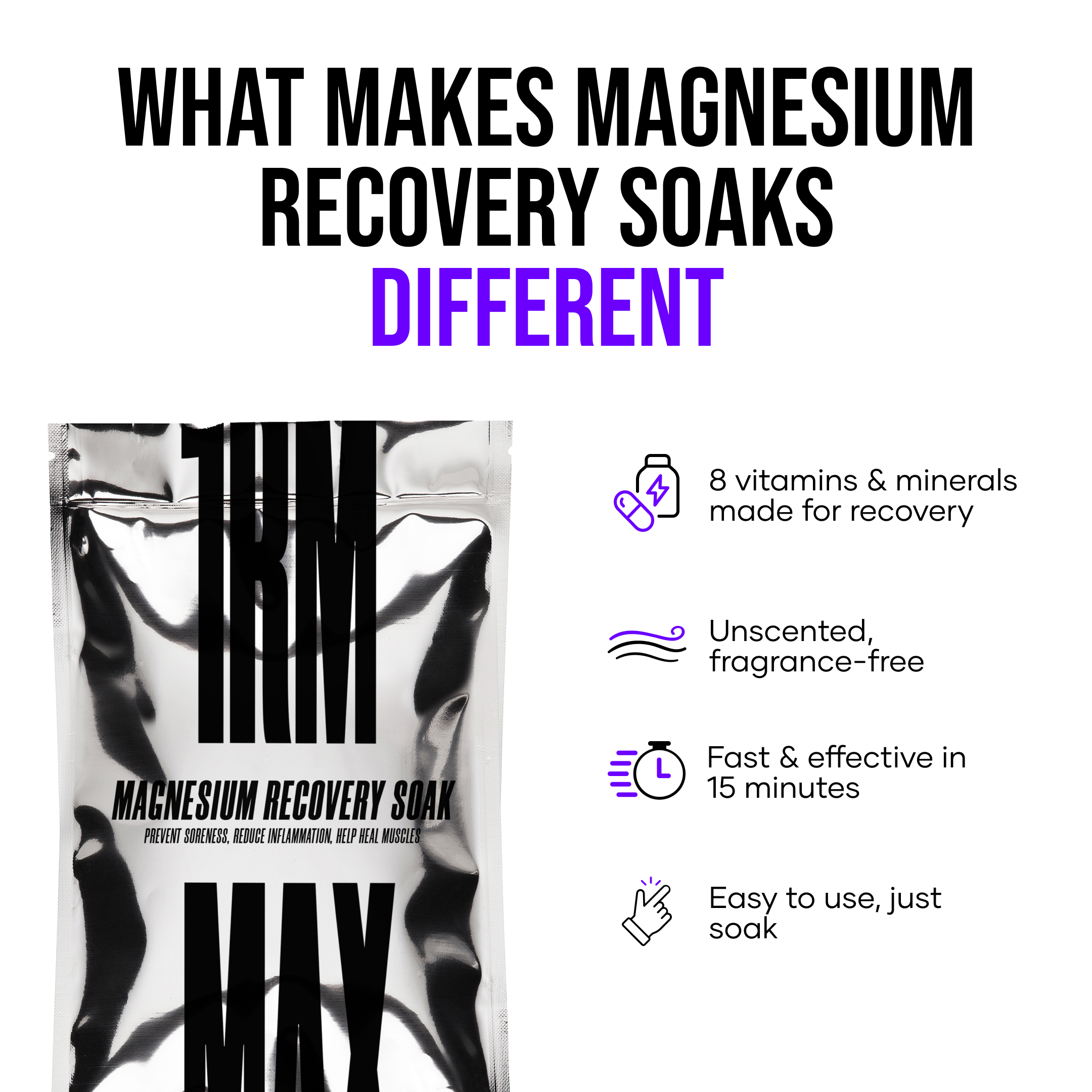 Magnesium recovery soak package with benefits: vitamins, unscented, fast, easy to use.