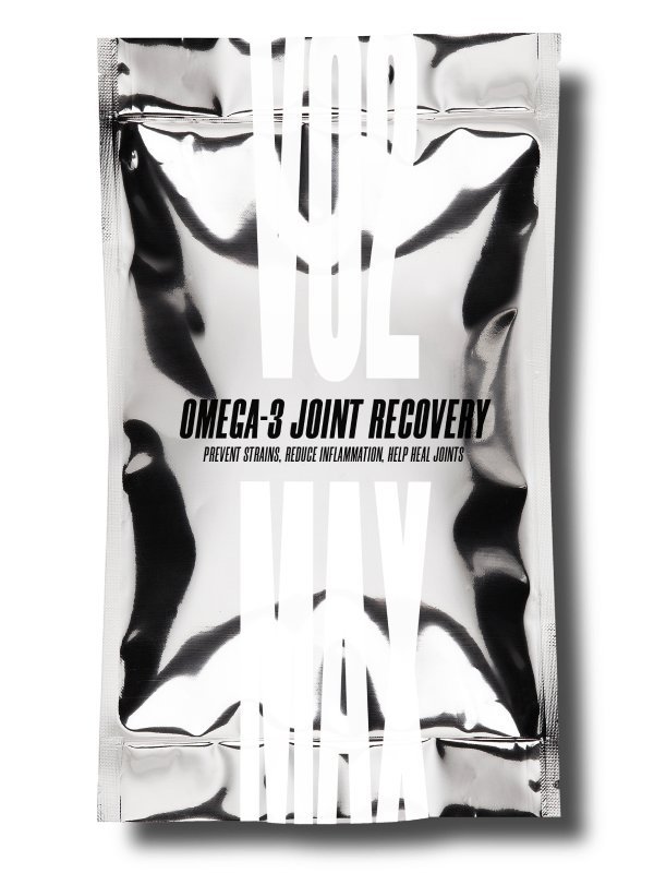 Silver foil packet labeled 'Omega-3 Joint Recovery' with bold text 'VO2 MAX'.