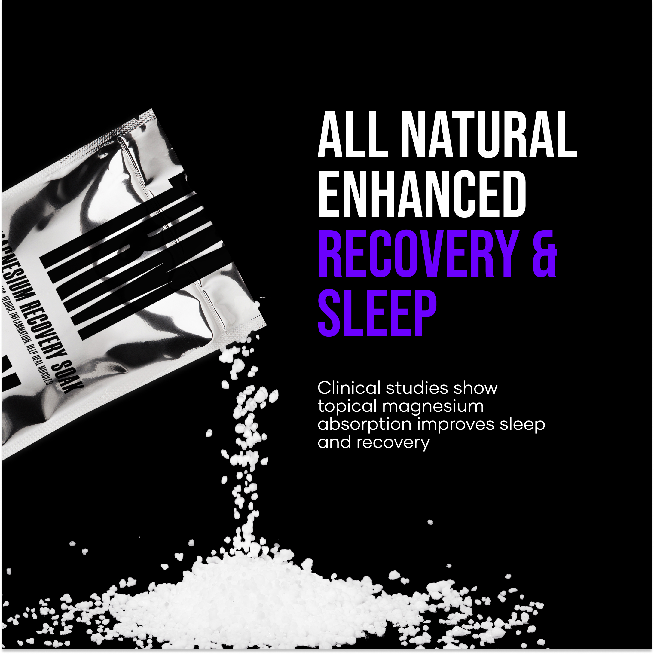 Silver packet with white granules, text about magnesium recovery and sleep benefits.