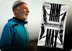 An older man in athletic wear next to a packet of Trim Max Magnesium Recovery Soak.