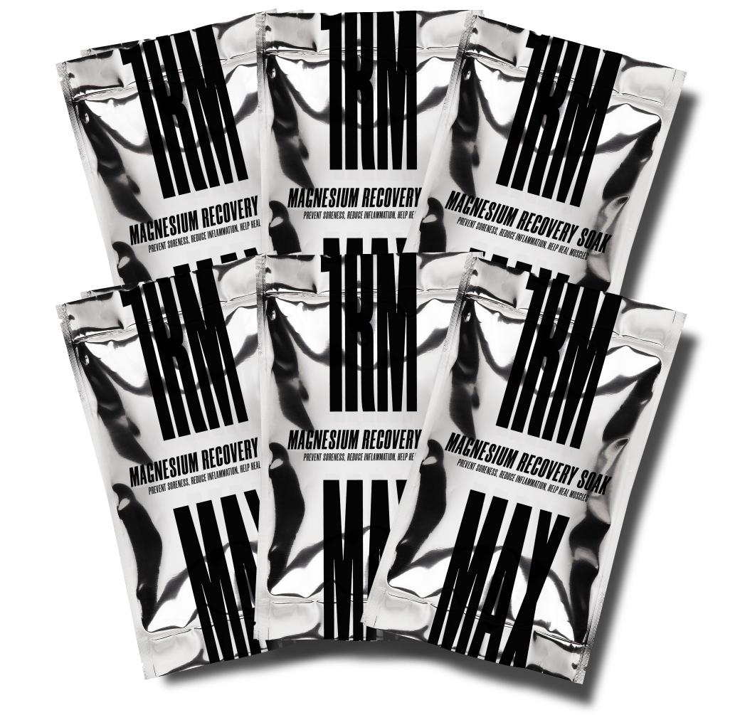 Seven silver packets labeled 'Magnesium Recovery Soak' with bold black text.