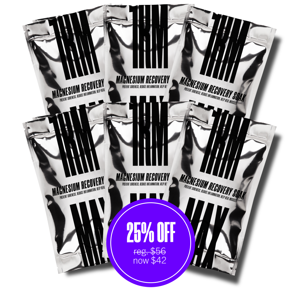 Six magnesium recovery soak packets with a 25% off discount label.