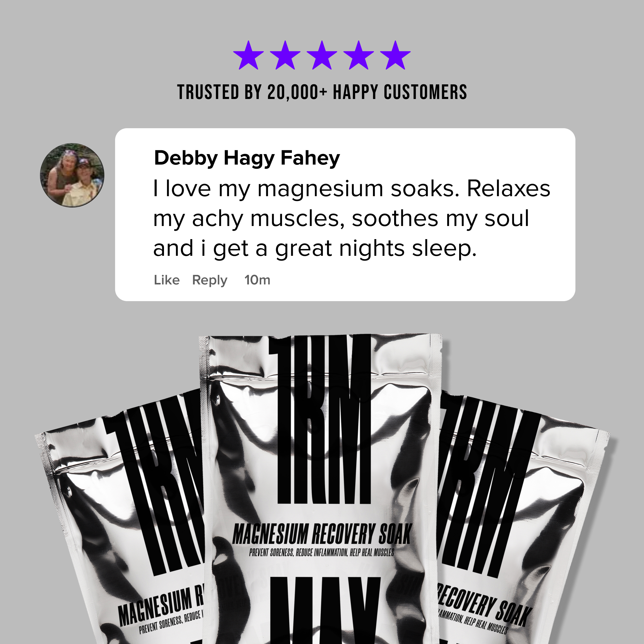 Product packaging with customer testimonial and star rating.