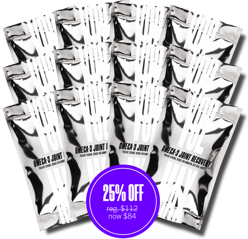 Silver Omega-3 Joint Recovery packets with a 25% off discount label.