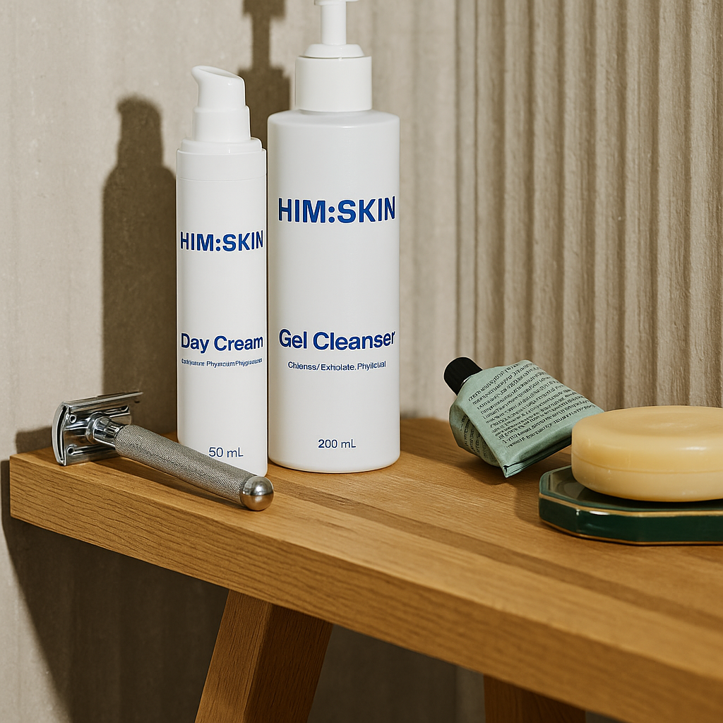 Skincare products on a wooden shelf with a razor and soap.