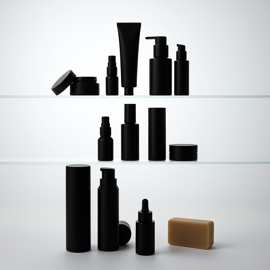 Black cosmetic containers on glass shelves with a soap bar.