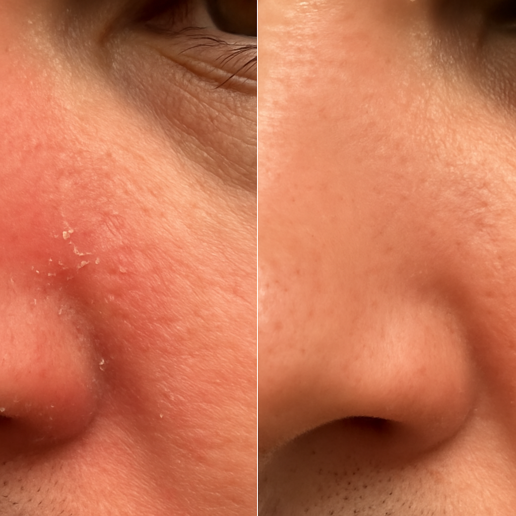 Side-by-side comparison of skin with redness and smooth skin.