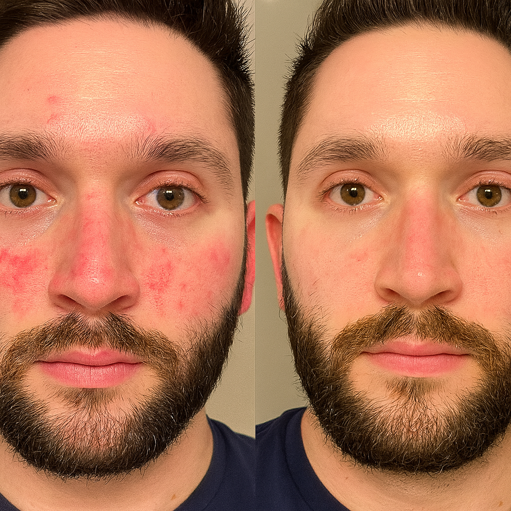 Side-by-side comparison of a man's face with and without facial redness.