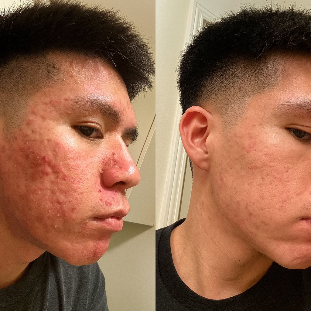 Side-by-side comparison of a person's face with acne before and after treatment.