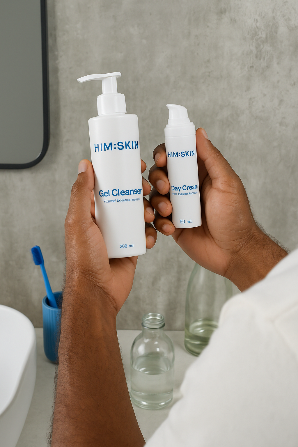 Person holding skincare products labeled Gel Cleanser and Day Cream.