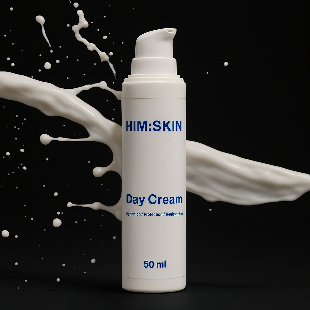 White day cream bottle with splashing cream on a black background.