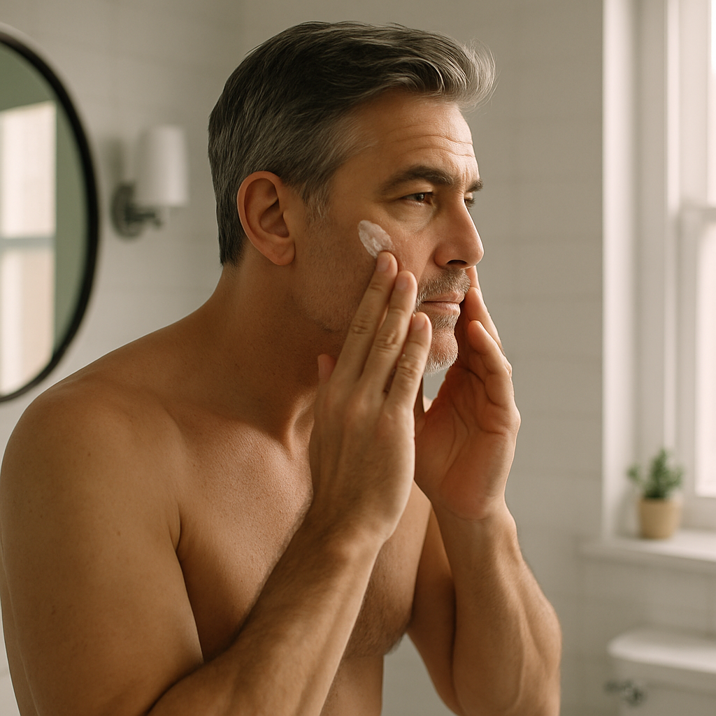 Man applying cream to his face in a bathroom.