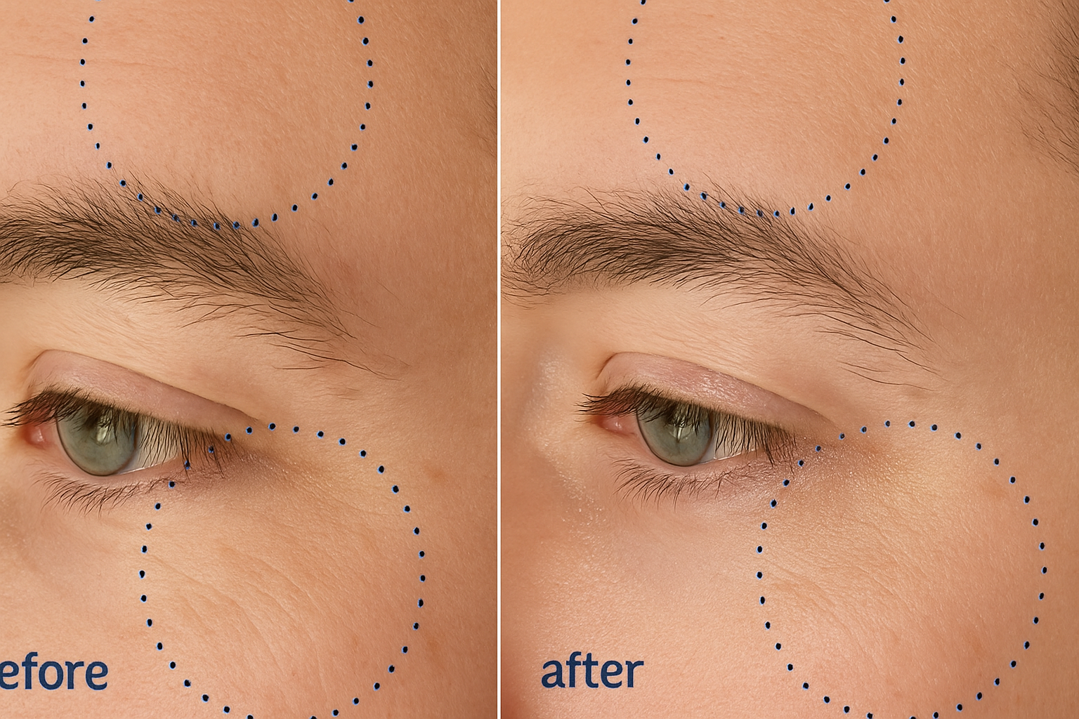 Side-by-side comparison of skin texture labeled 'before' and 'after' with dotted circles highlighting areas.