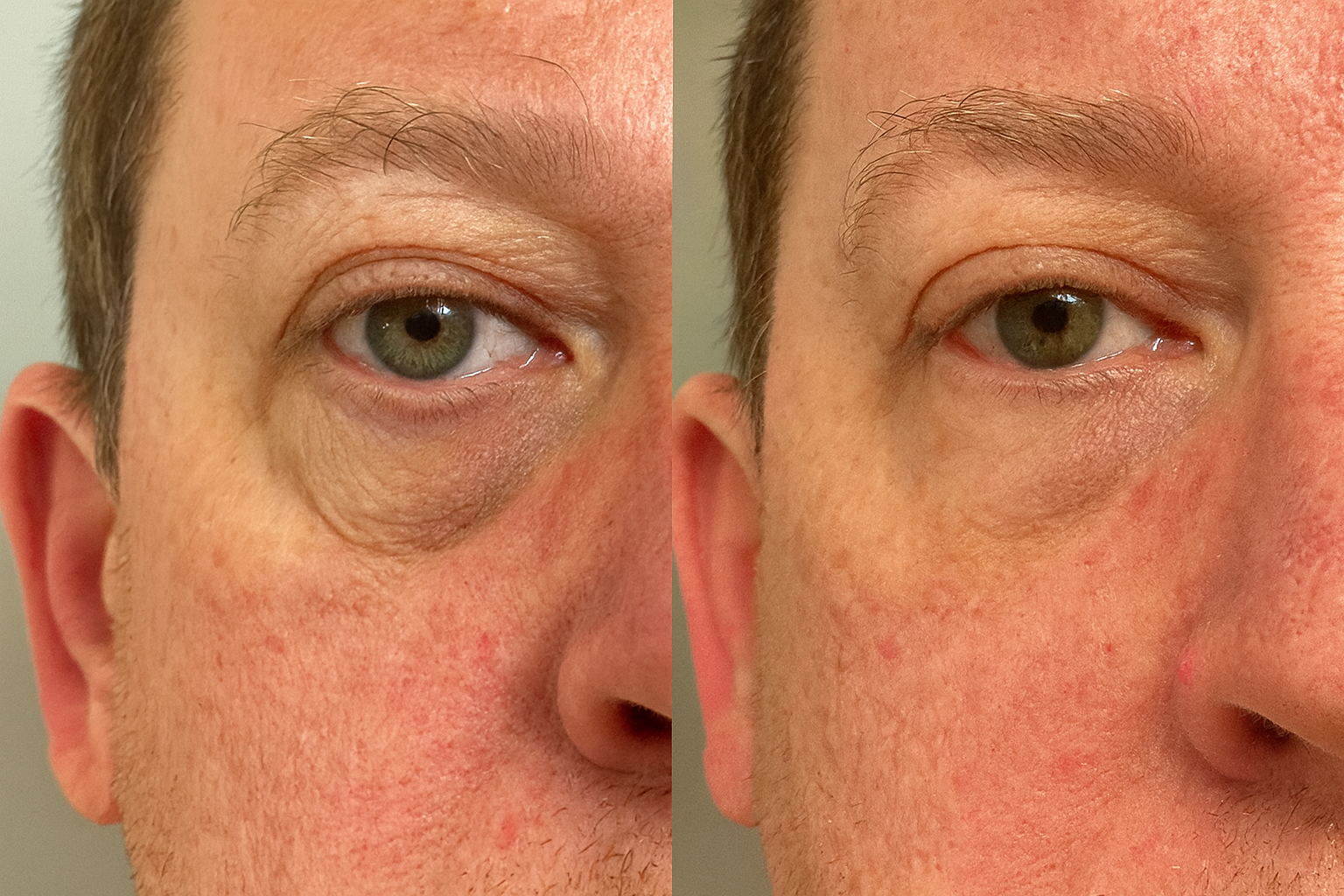 Close-up of a man's face showing before and after eye area.