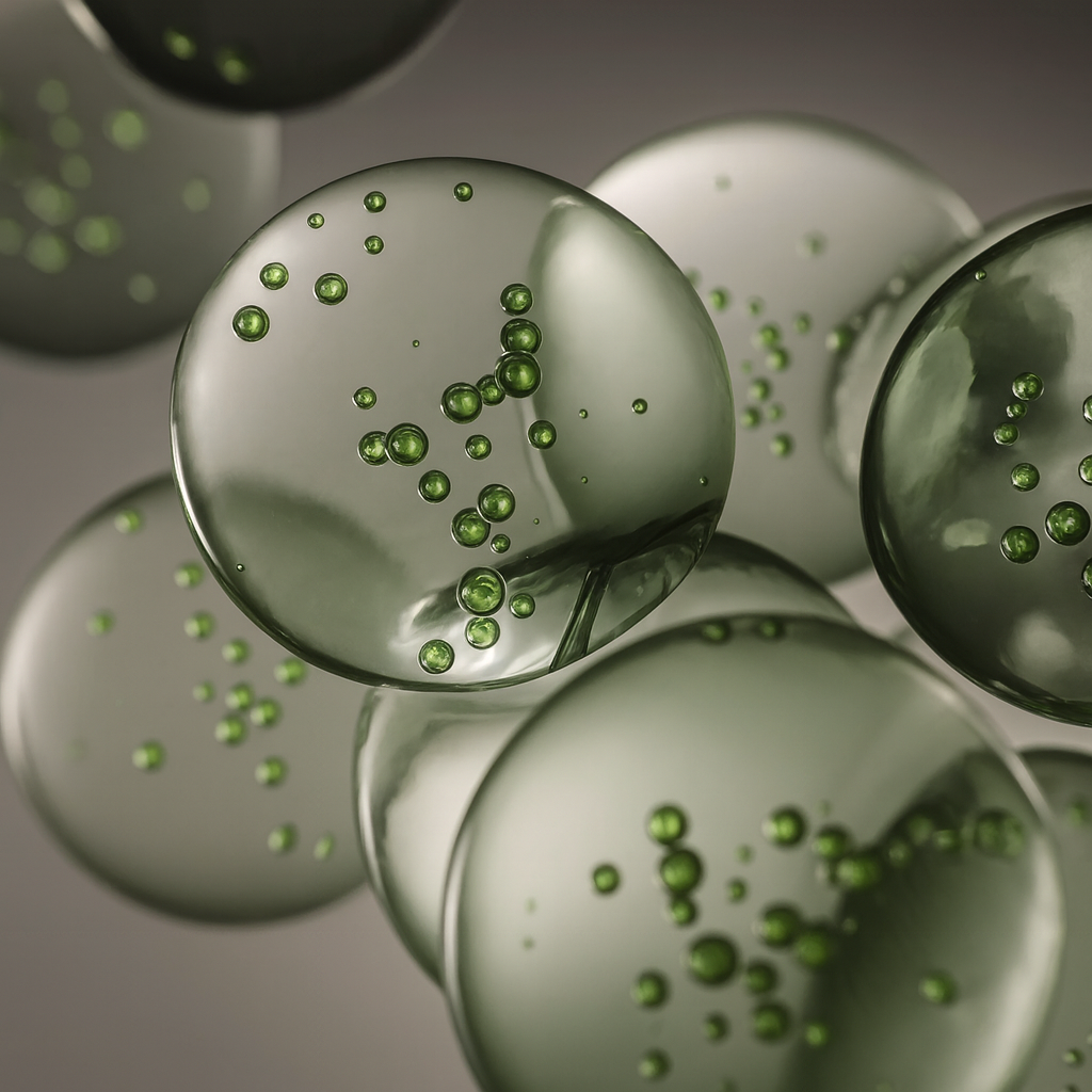 Close-up of translucent bubbles with green spheres inside.