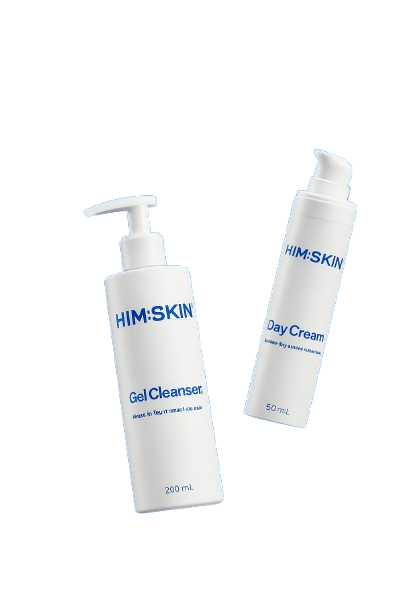 Two white skincare bottles labeled 'Gel Cleanser' and 'Day Cream' on a black background.