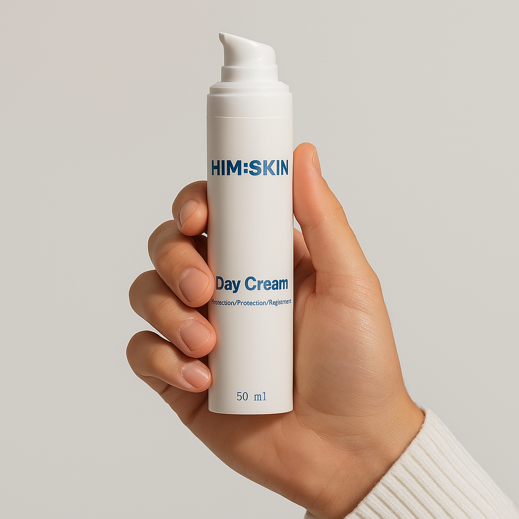 Hand holding a white bottle labeled 'HIM:SKIN Day Cream 50 ml.'