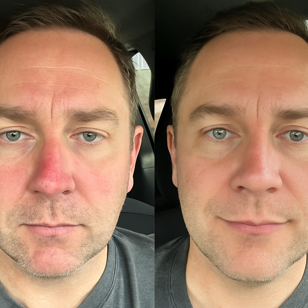 Side-by-side comparison of a man's face with and without redness on the nose.
