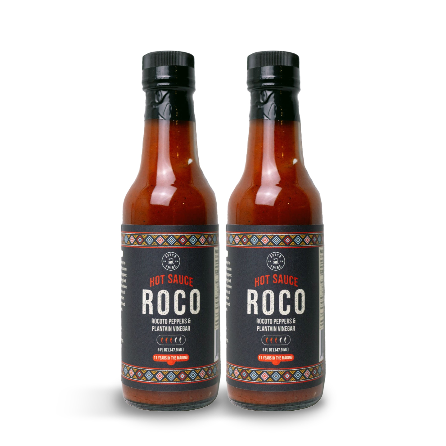 Two bottles of Roco hot sauce with colorful labels.