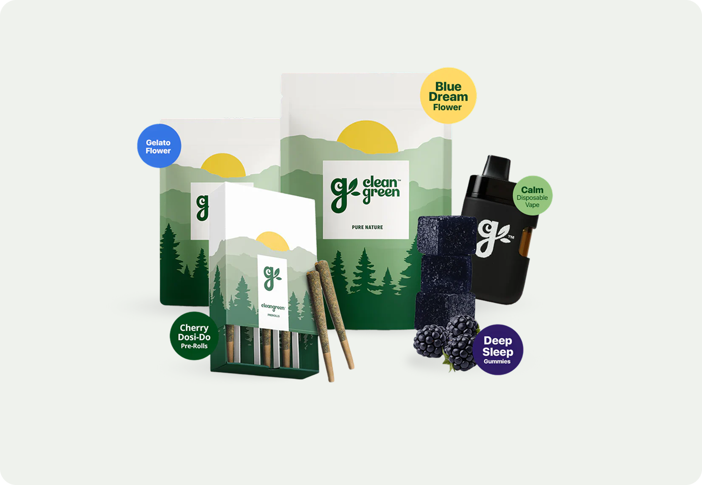 A collection of branded cannabis products including flower, pre-rolls, a vape, and gummies on a light background.