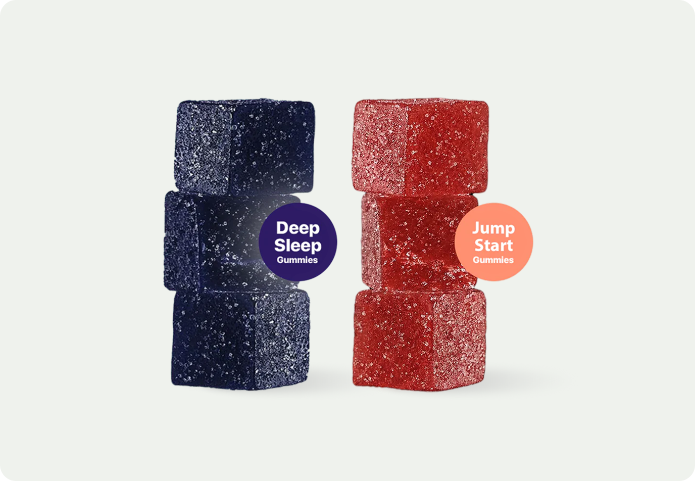 Stacks of dark blue 'Deep Sleep Gummies' and red 'Jump Start Gummies' against a white background.