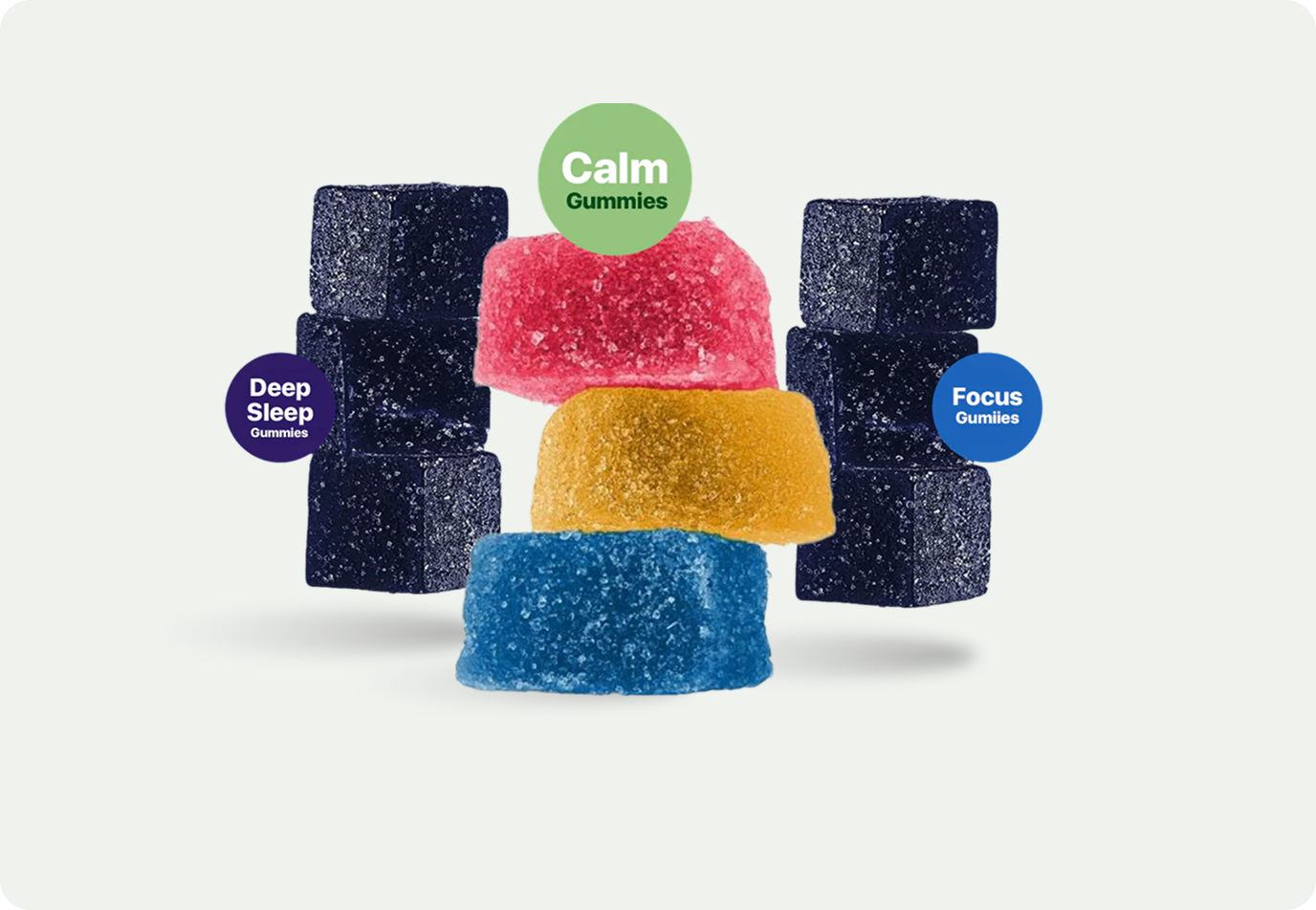 Stacks of colorful gummies with labels for Calm, Deep Sleep, and Focus against a light background.