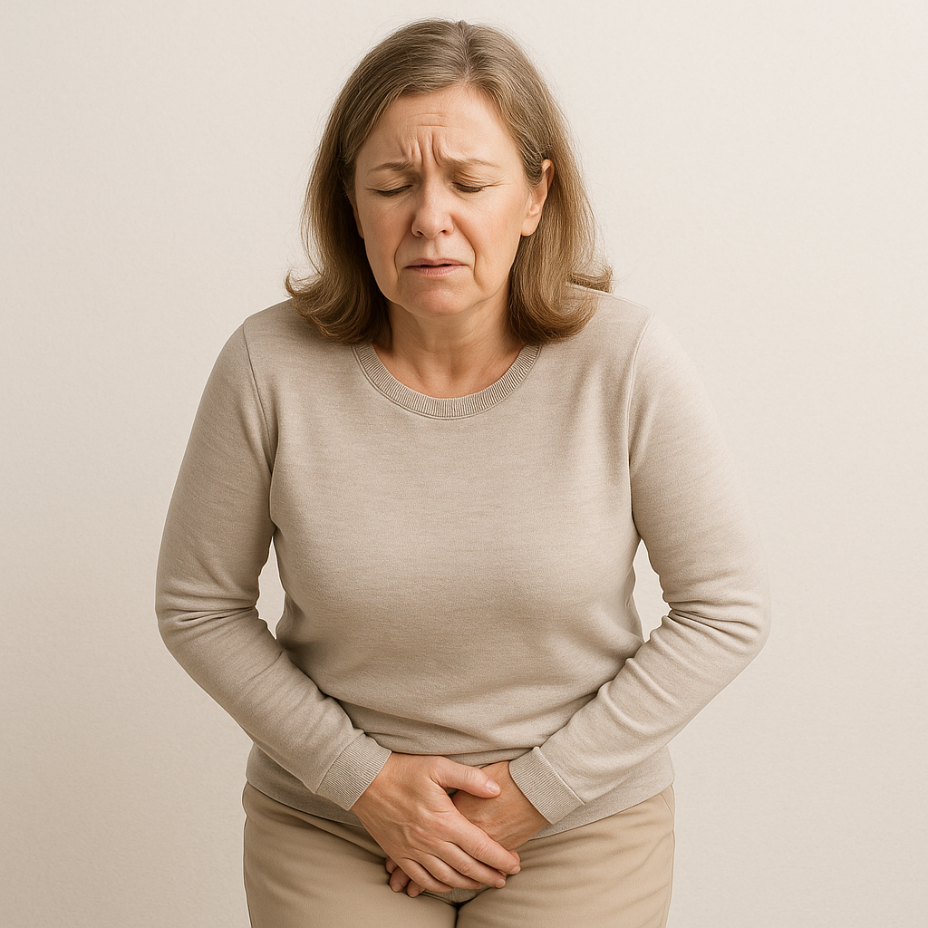 Woman in beige sweater holding her lower abdomen, eyes closed, appearing in discomfort.