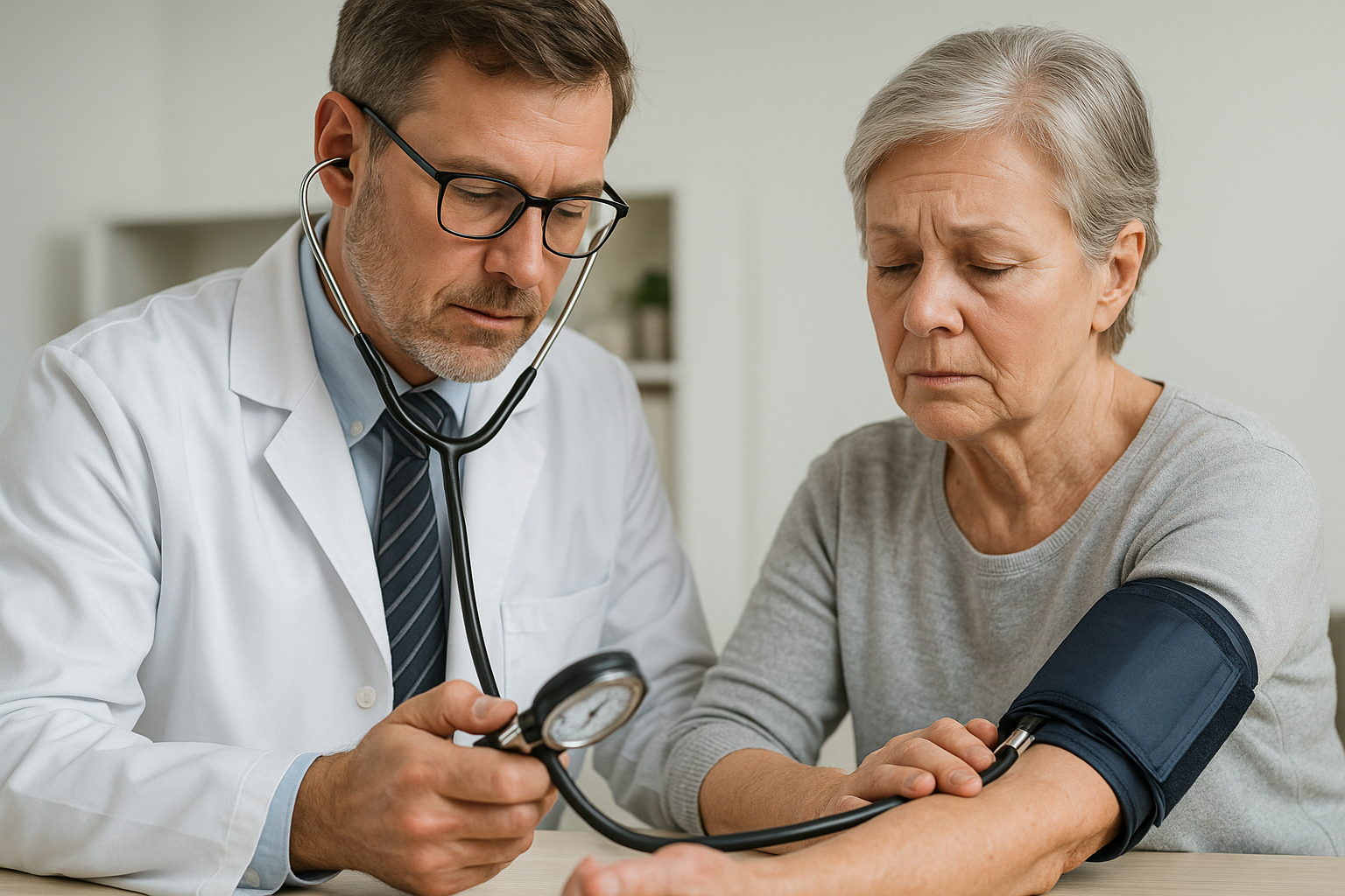 Doctor checking blood pressure of an elderly woman with a stethoscope.