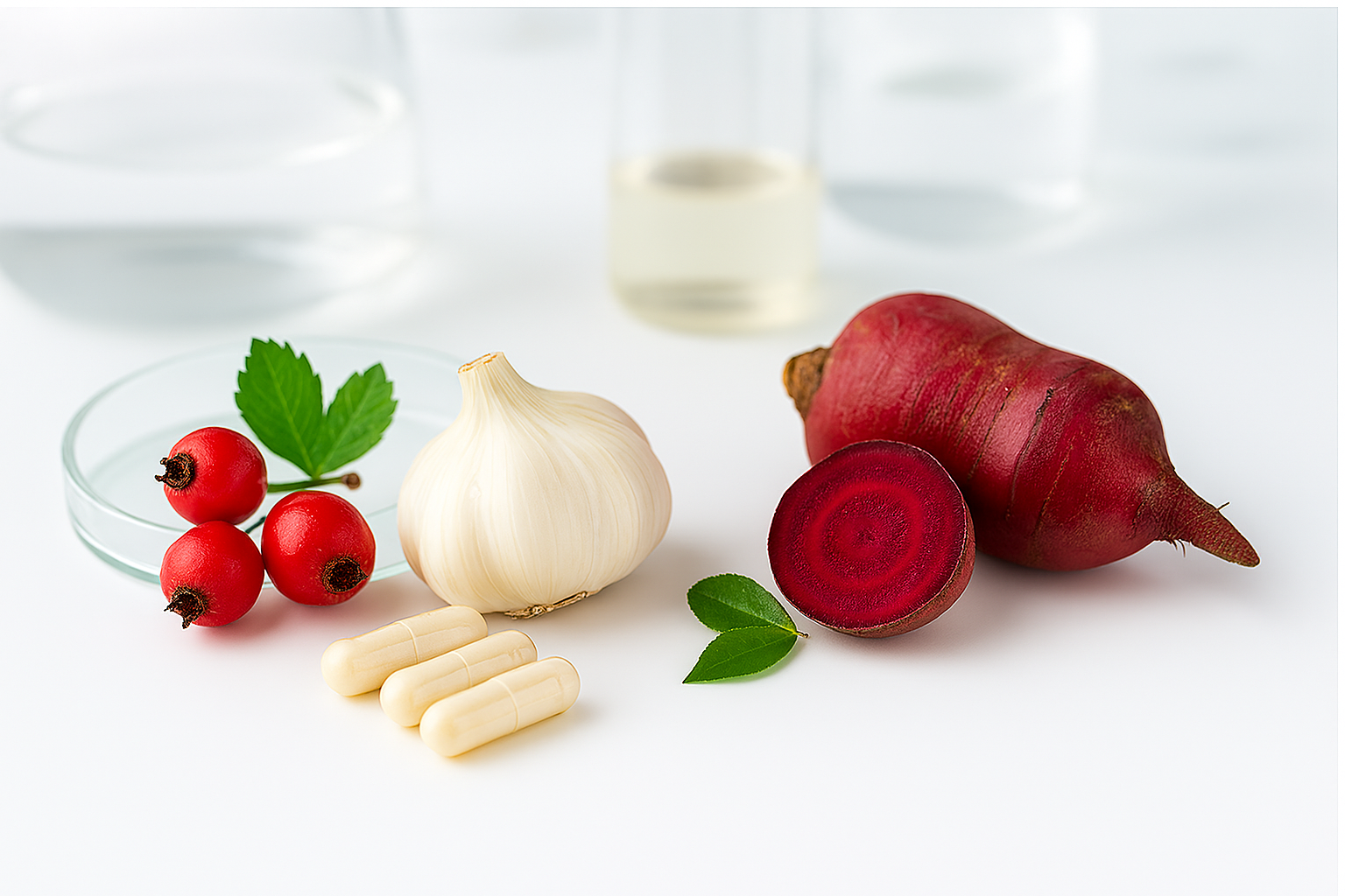 Garlic, red root vegetable, red berries, capsules on white background.
