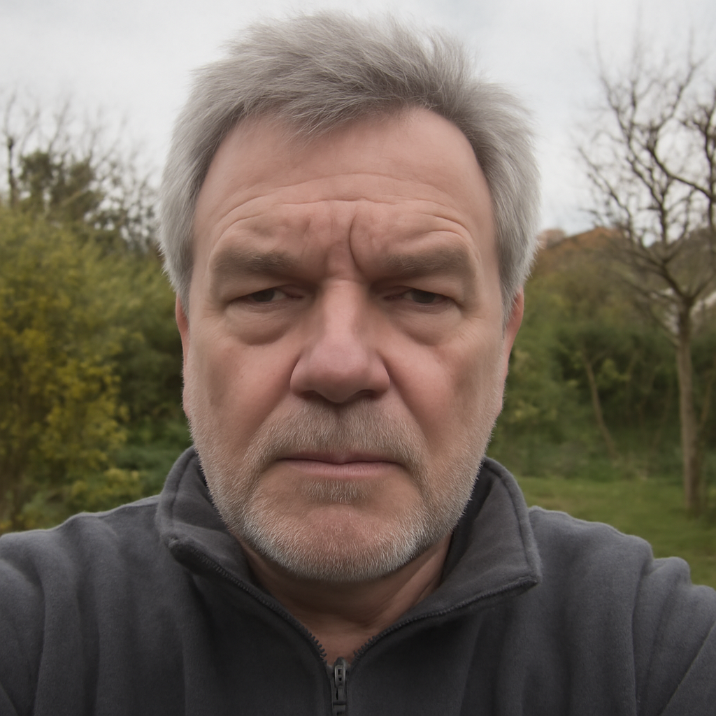 A man with gray hair and beard outdoors, wearing a dark jacket.