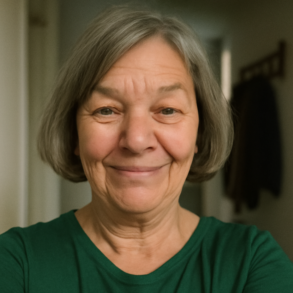 Smiling older woman with short gray hair wearing a green shirt indoors.