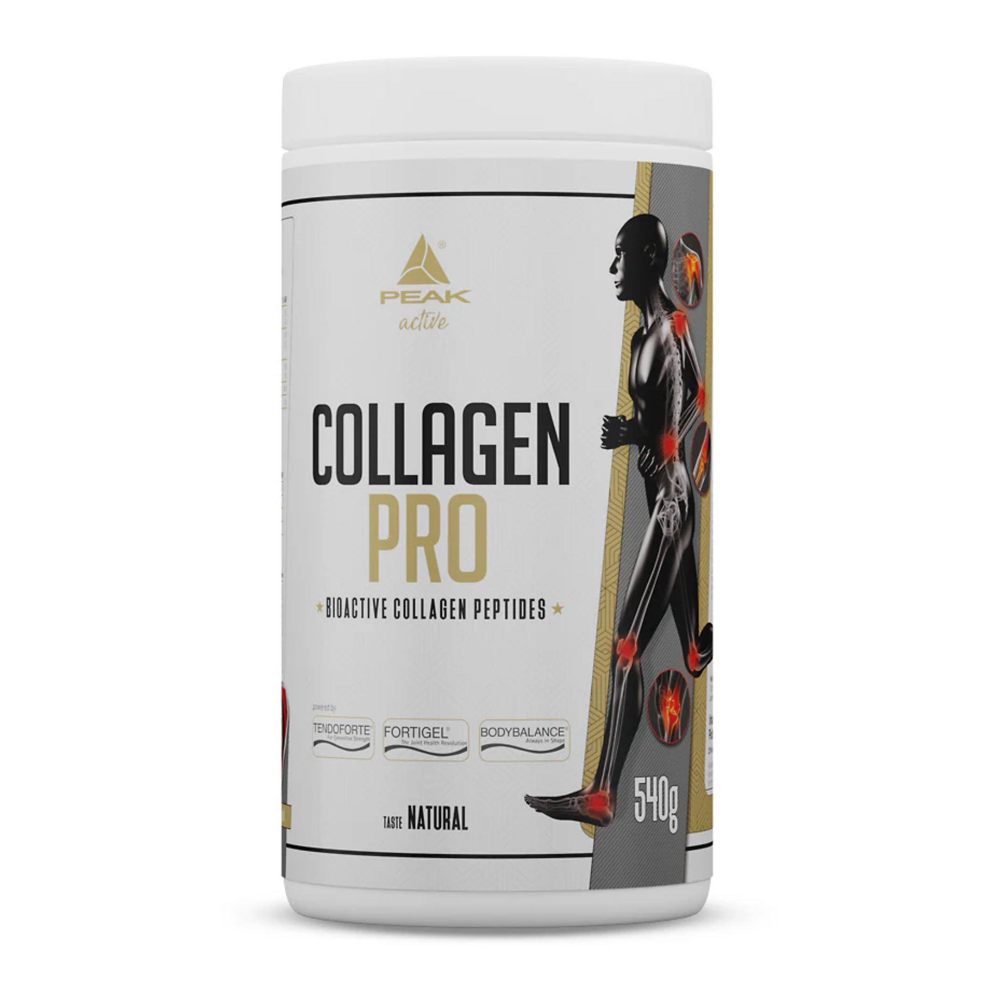 Container of Collagen Pro bioactive collagen peptides with human silhouette illustration.