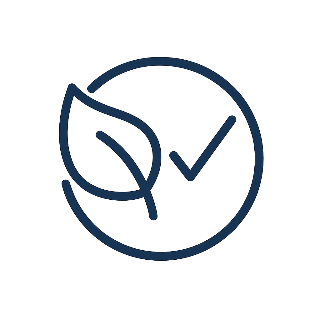 Blue leaf and checkmark icon on a dark background.