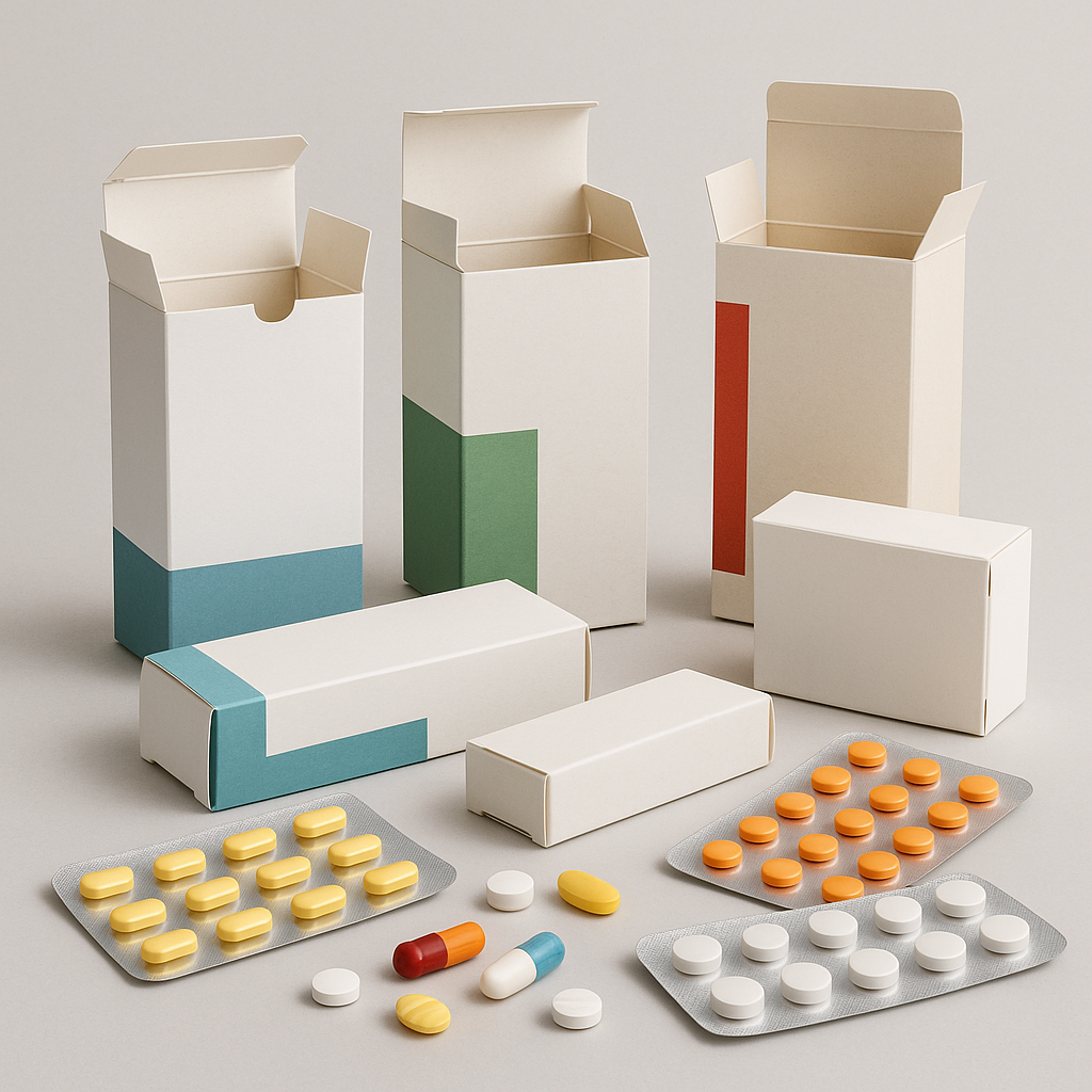 Various medicine boxes and blister packs with pills on a neutral background.