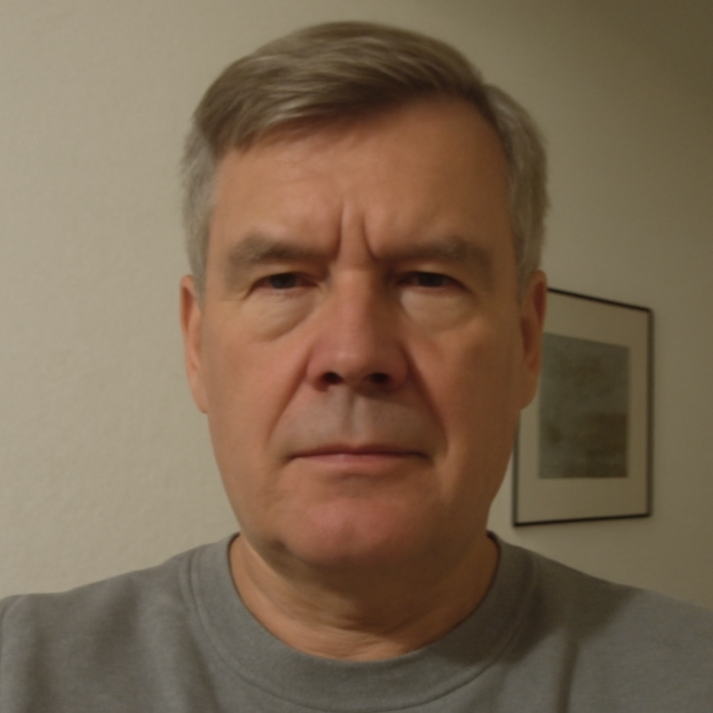 A person with short hair wearing a gray shirt, standing indoors.