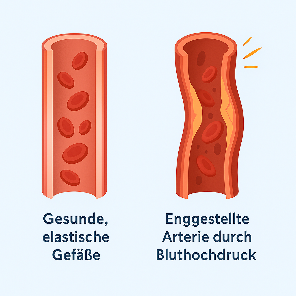 Illustration of two cross-sections of blood vessels with red blood cells.