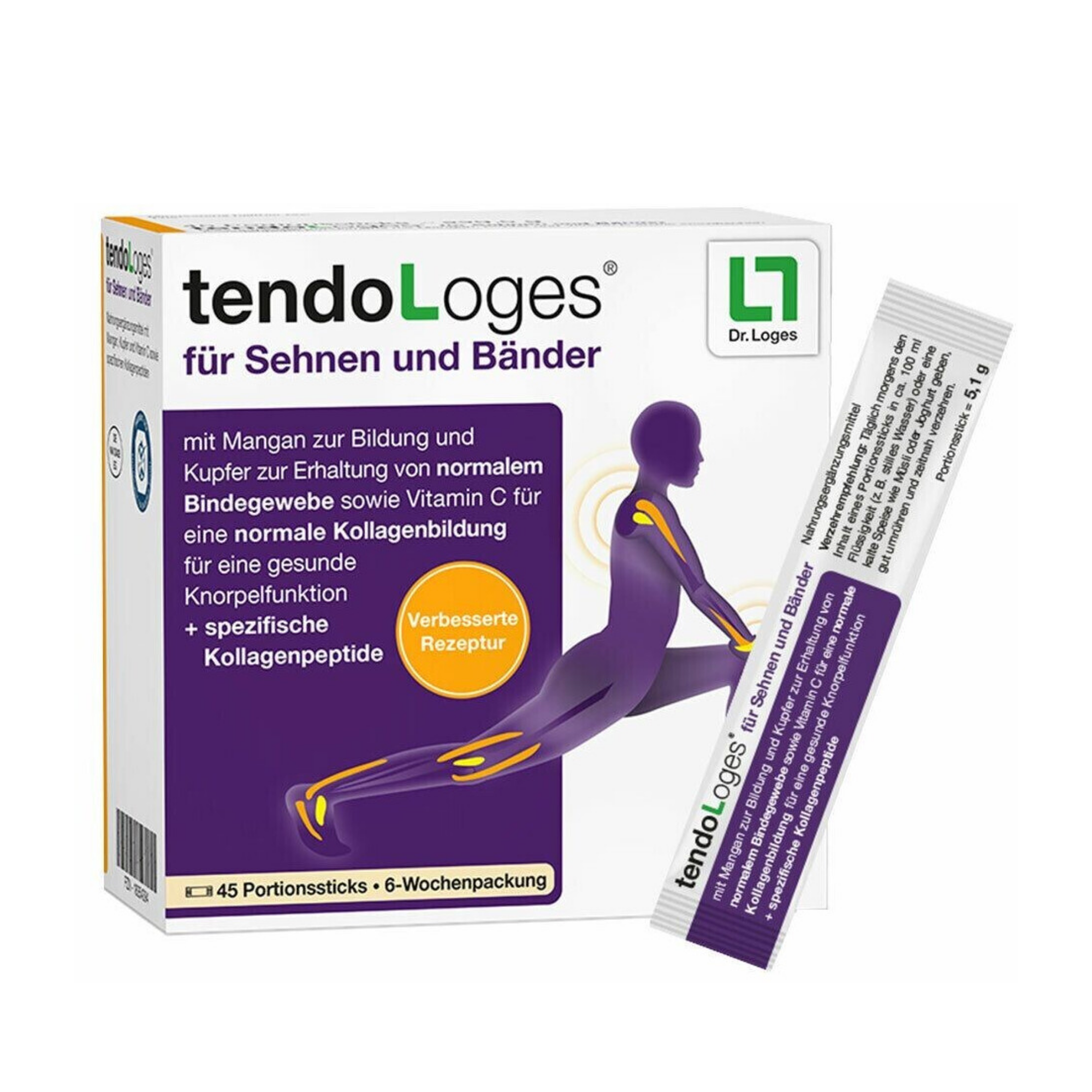 Box of TendoLoges supplement with illustration of a stretching figure.