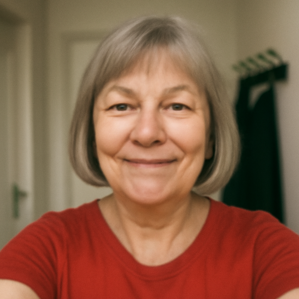Smiling person with short gray hair wearing a red shirt indoors.